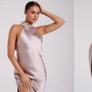 NEW WITH TAGS MESHKI Medium Claire Satin Drape Back Maxi Dress in Taupe